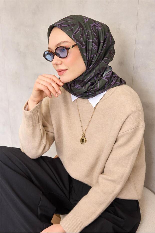 Cotton Polyester Soft Scarf Abstract Pattern Dark Green 90X90