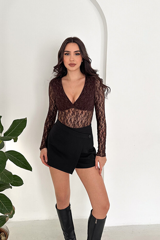 Lace V-Neck Long Sleeve Snap-Button Women's Bodysuit
