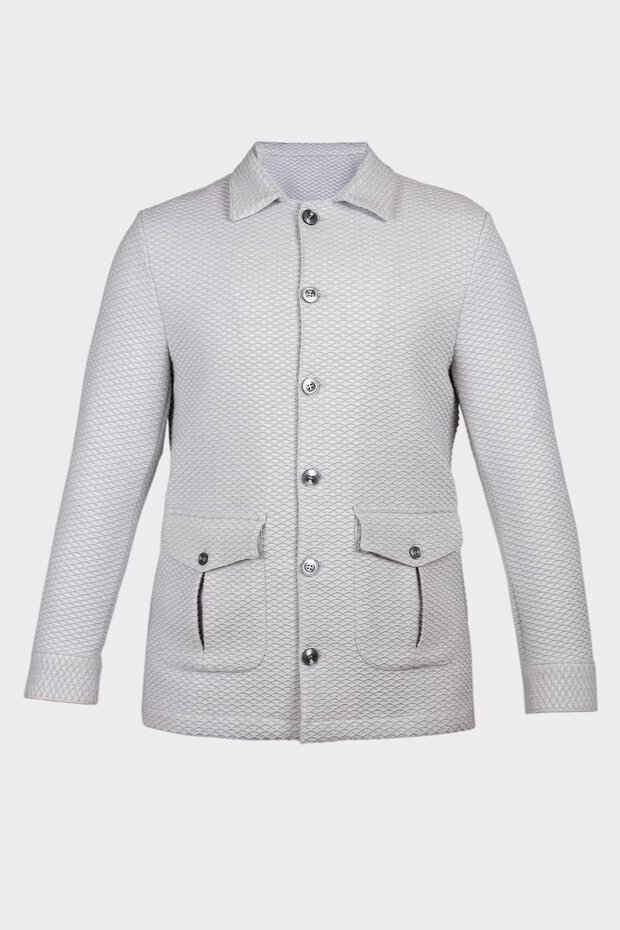 White relaxed fit button-down patterned shirt jacket with two pockets