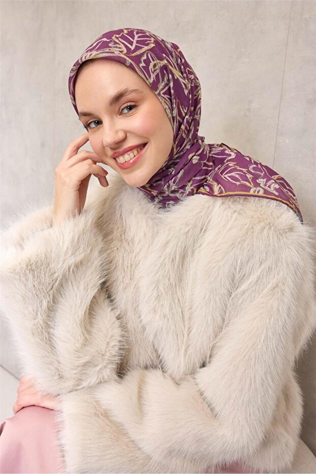 وشاح ناعم من القطن والبوليستر بنمط زهرة الزنبق البنفسجية والكريمية والخردل، مقاوم للانزلاق، مقاس 90x90