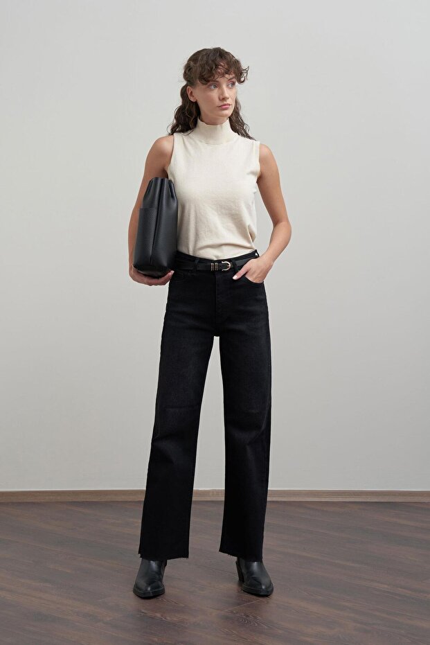 Black-High Waist Wide Leg Jeans