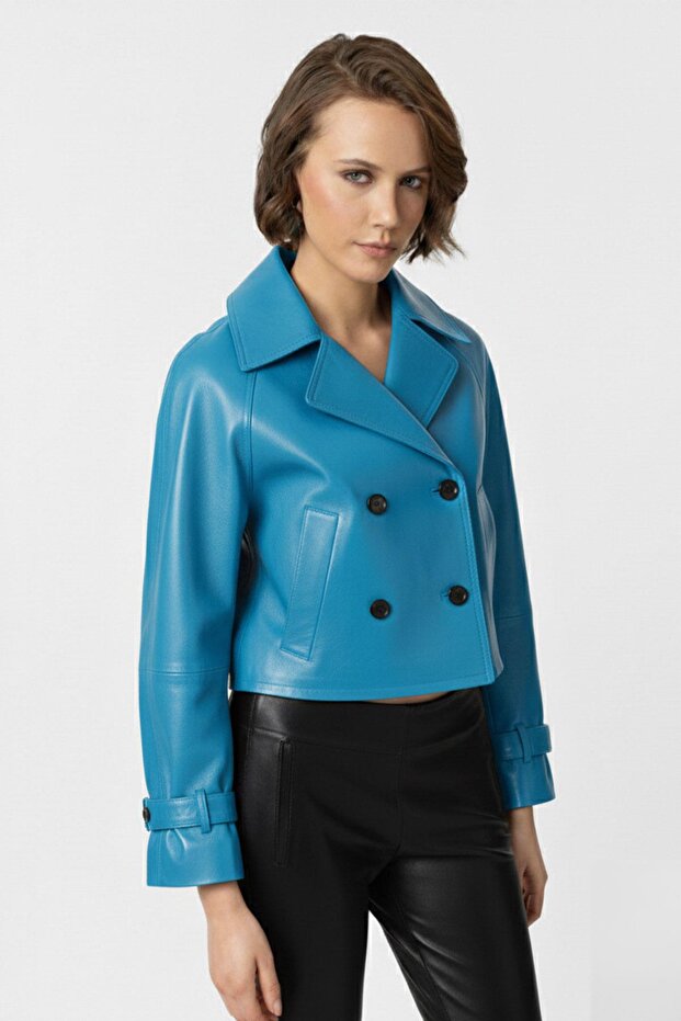Blue Leila Double-Breasted Button Short Trench Coat Women Genuine Leather Jacket