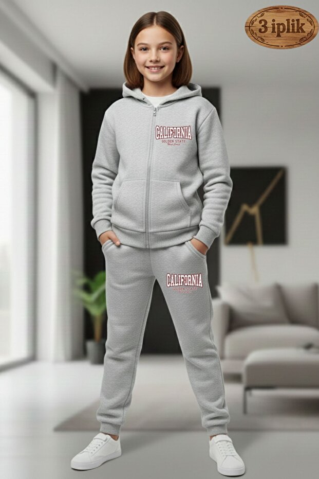 Girl's 3 Thread Ş Fleece-Lined California B Printed Zippered Tracksuit Set