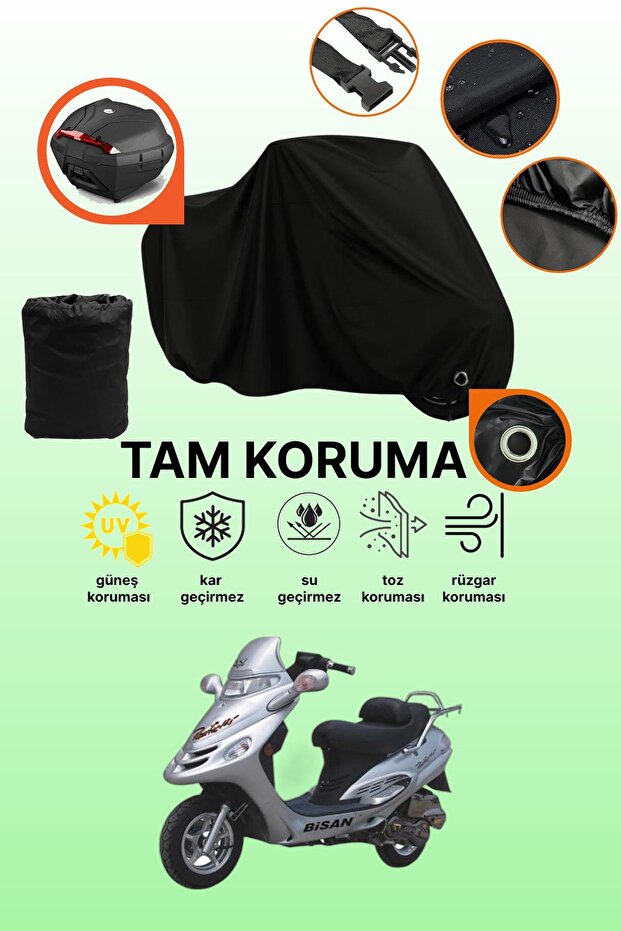 Black Rear Bag and Lock Compatible Bisan Pacific 150 Compatible Motorcycle Tarpaulin