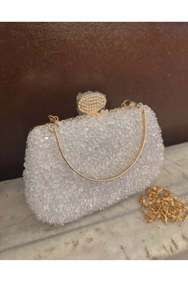 Women's White Stone Evening Dress Handbag – Chain Strap, Crystal Detail