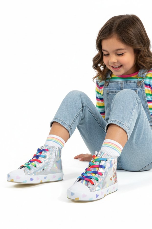 Mia Kids-2400 ๐ Hologram 3D Girl's Silver Sneakers with Laces & Zipper