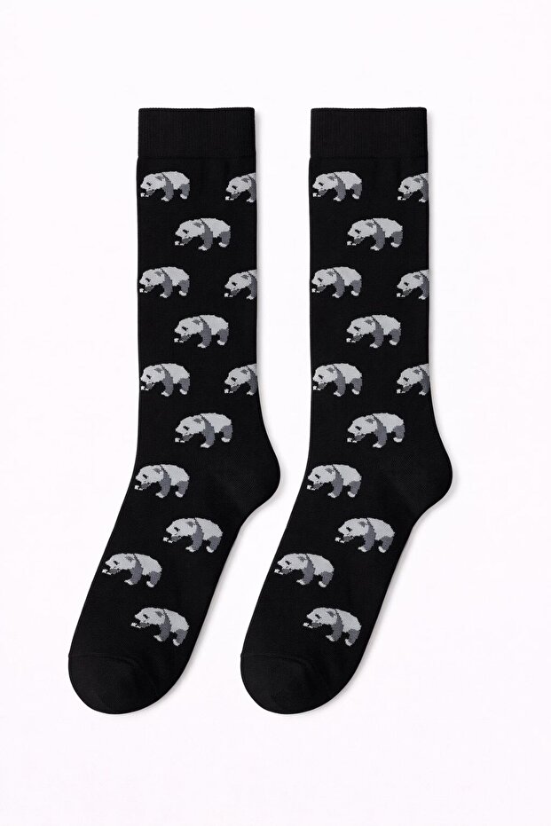 Men's Cotton Casual Socks – Bear Pattern, Black/Grey Tones, High Quality