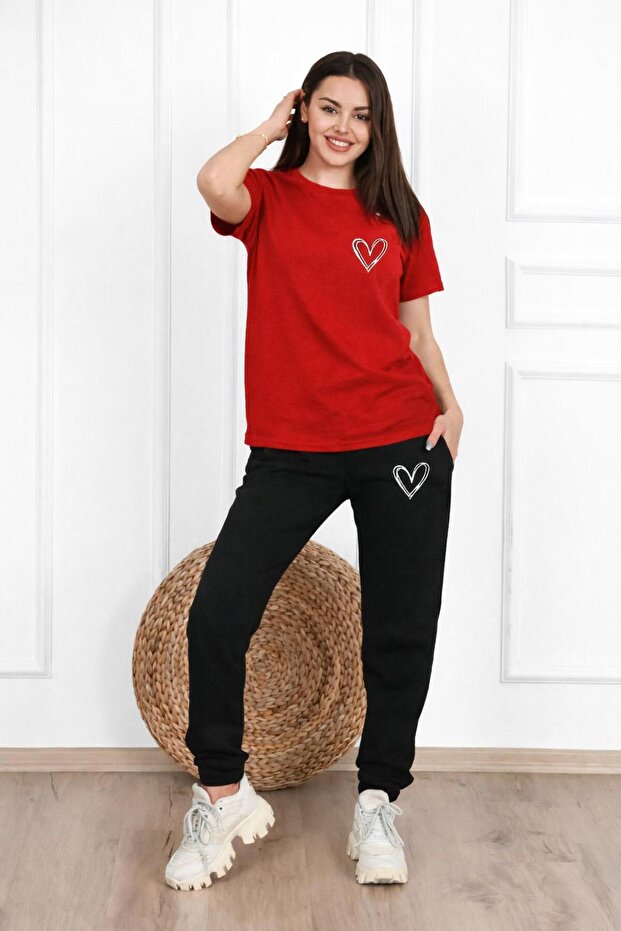 Women's Minimal Heart Printed Sweatshirt T-Shirt Set