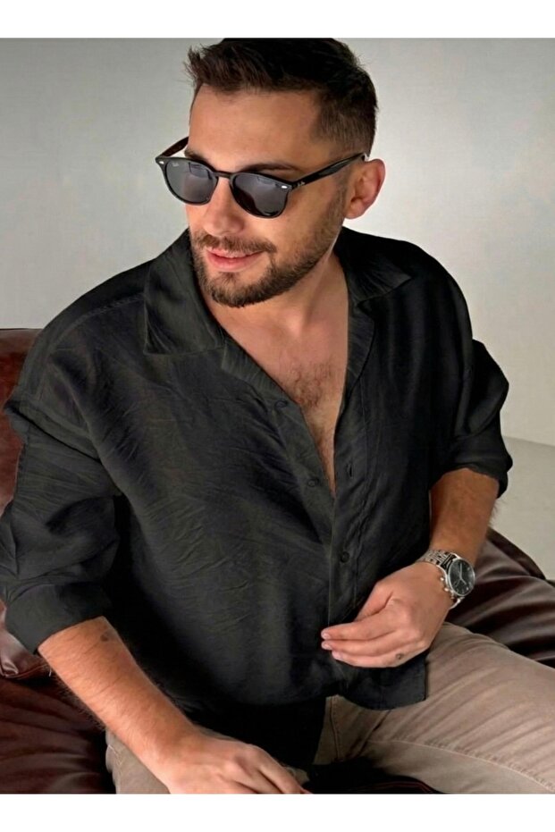 Flowy Linen Textured Oversized Sports Collar Shirt Black