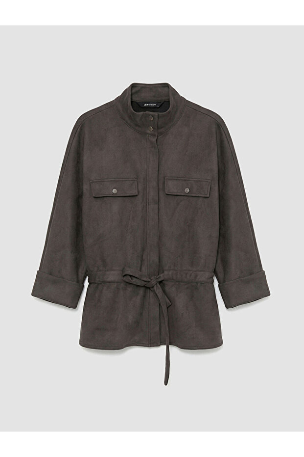 Gray Mock Neck Women's Suede Look Jacket
