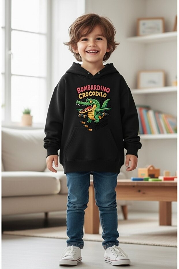 Unisex 100% Cotton Bombardino Crocodilo Printed Children's Hooded Sweatshirt