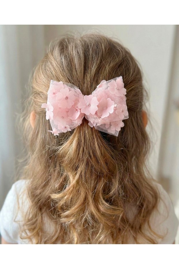 Three-Dimensional Daisy Motif Powder Color Tulle Bow Clip Buckle
