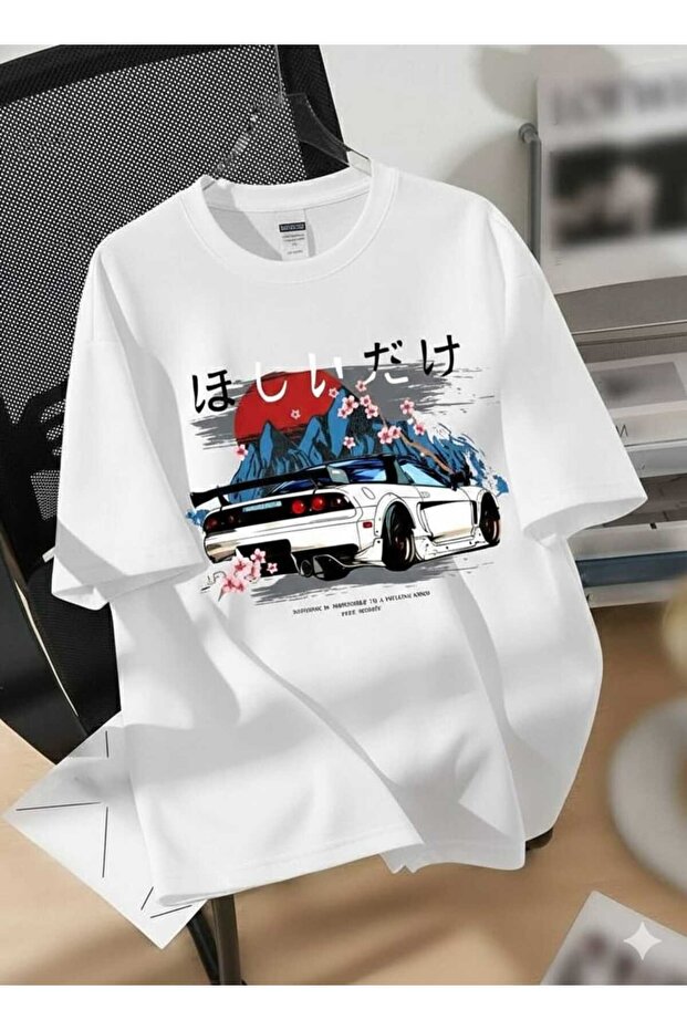Printed Unisex Oversized T-Shirt with Sakura and Retro Sports Car Design