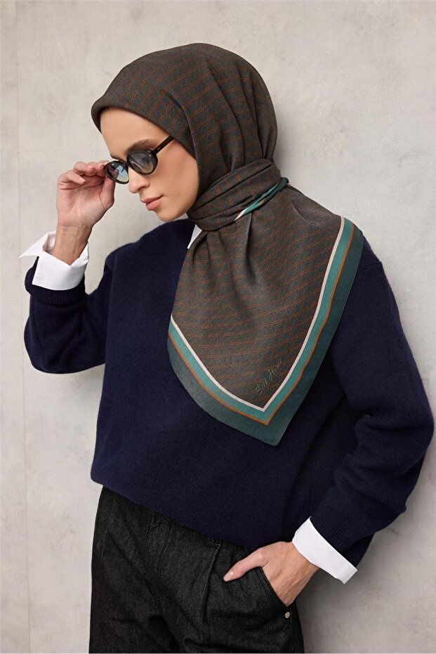 Viskose Aura Scarf Emerald Green Chain Patterned Tok Duruşlu 90X90