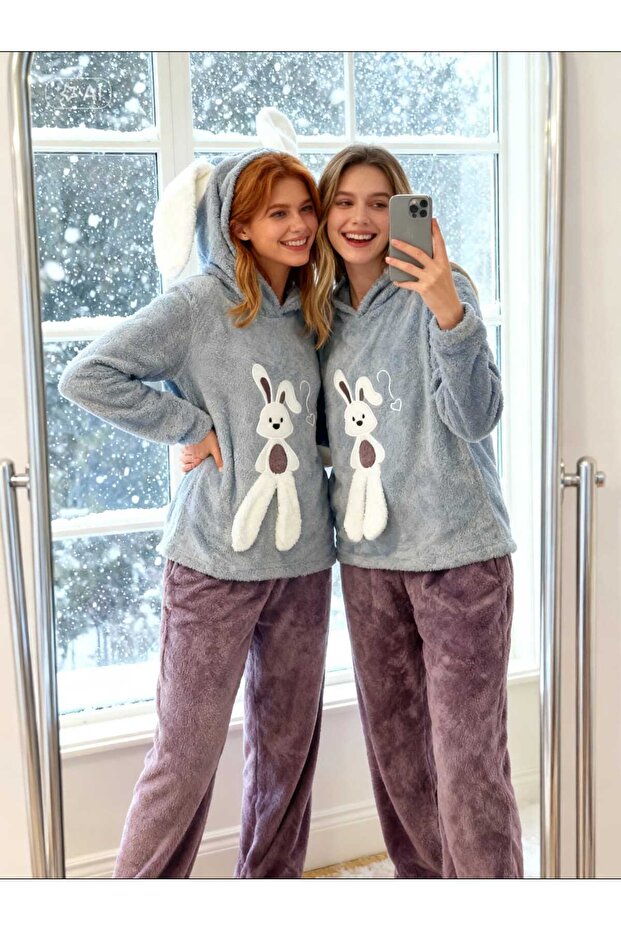Gray & Plum Color Rabbit Ear Hooded Welsoft Plush Winter Women's Pajama Set