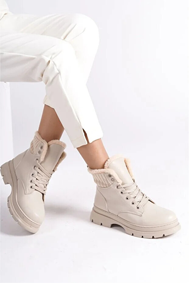 Lace-Up Furry Beige Matte Women's Boots