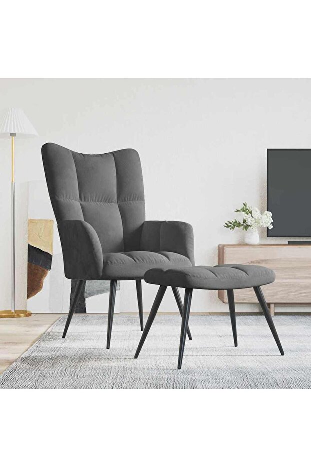 Relaxing Chair with a Stool Dark Grey Velvet