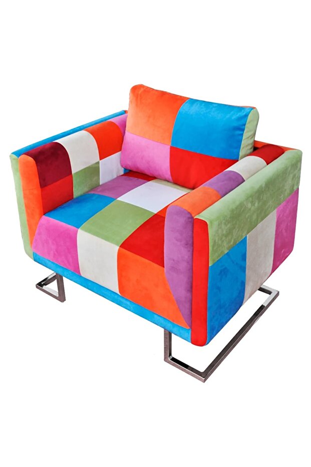 Cube Armchair with Chrome Feet Patchwork Design Fabric
