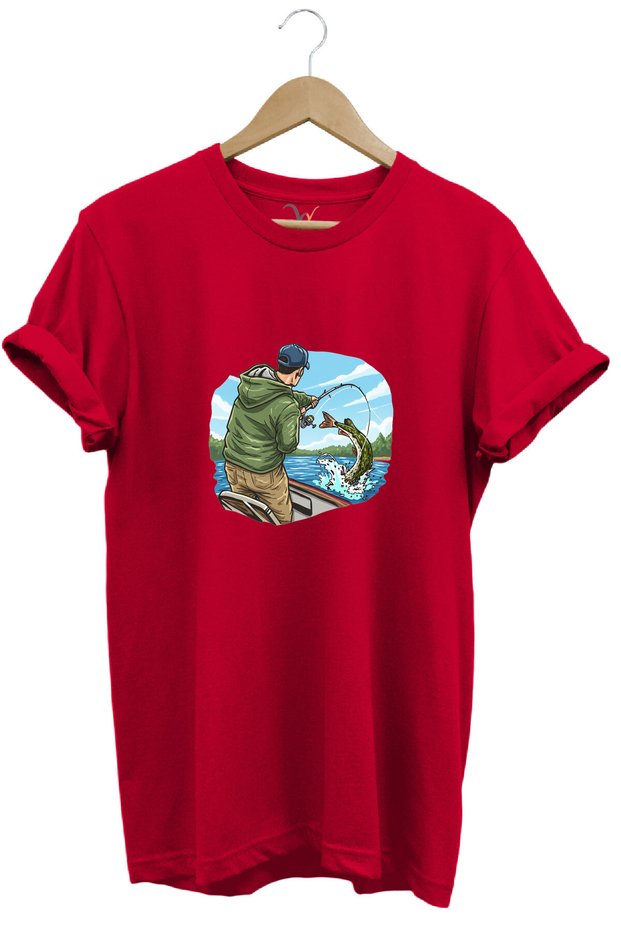 Hunting Fishing Angling on a Boat with a Rod Printed 100% Cotton Regular Fit Crew Neck T-Shirt