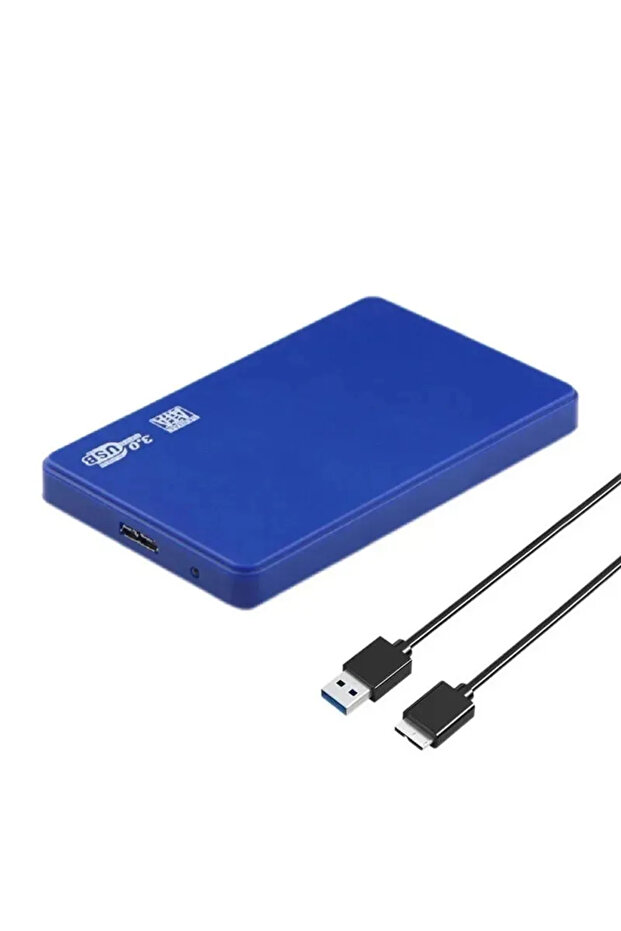 علبة قرص صلب خارجي أزرق اللون، مقاس 2.5 بوصة، بمنفذ USB 3.0، يدعم SATA و SSD، بسرعة نقل بيانات عالية تصل إلى 5 جيجابت في الثانية.