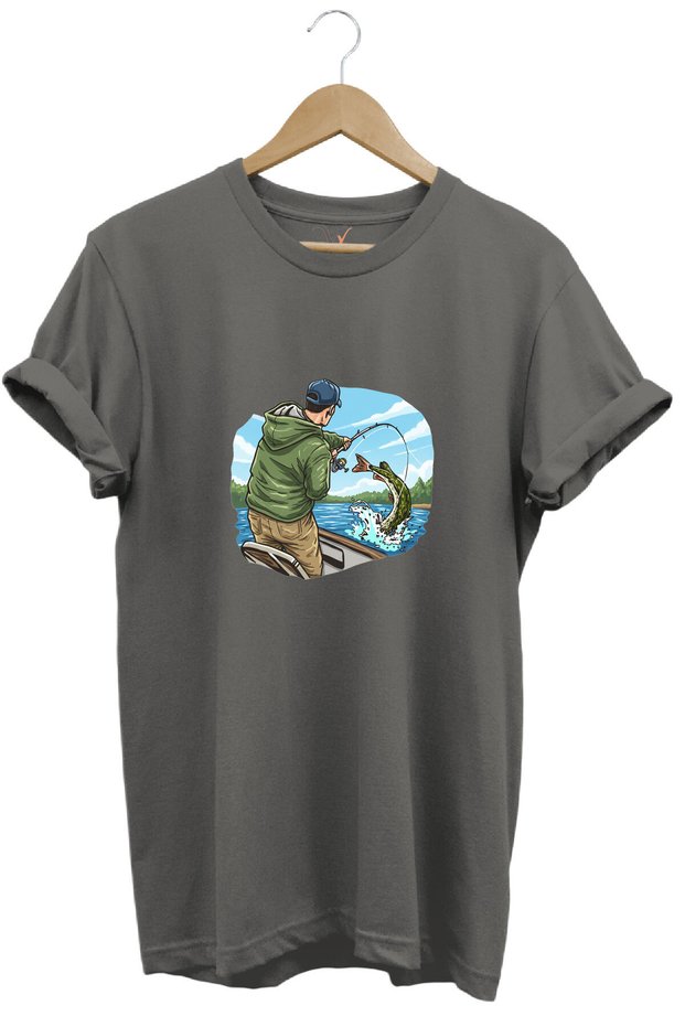 Hunting Fishing Angling on a Boat with a Rod Printed 100% Cotton Regular Fit Crew Neck T-Shirt