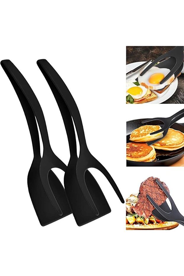 2 in 1 Multi-purpose Spatula Tongs,Kitchen Gadgets (Black)