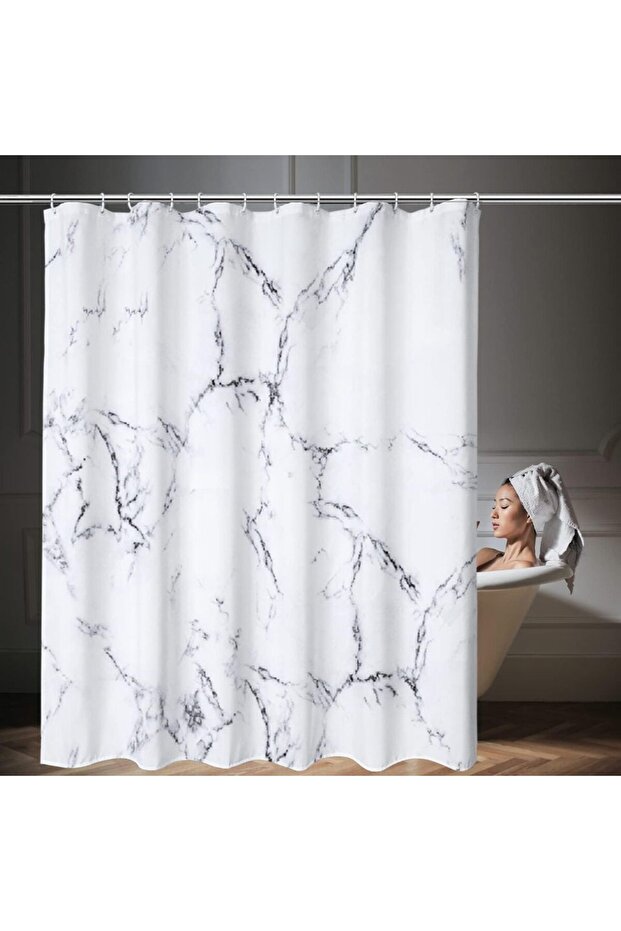 W 180 x H 200cm 1pc Marble Printed Fabric Shower Curtain with Metal Grommets, Polyester Bath Curtain