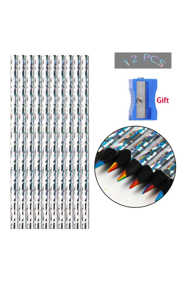 12pcs-laser silver 12pcs/Set Kawaii Rainbow Color Pencils for Kids, Concentric Gradient Crayons, Art
