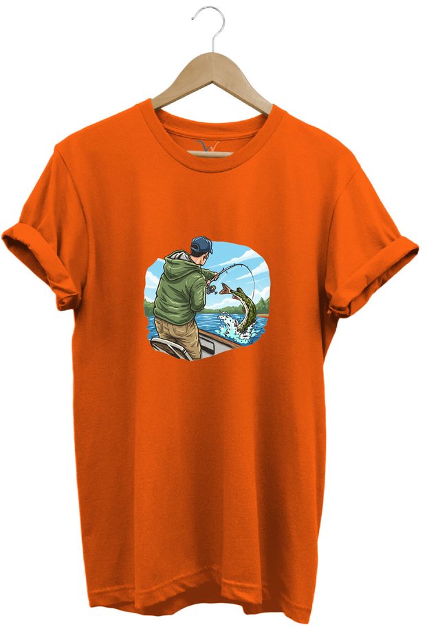 Hunting Fishing Angling on a Boat with a Rod Printed 100% Cotton Regular Fit Crew Neck T-Shirt