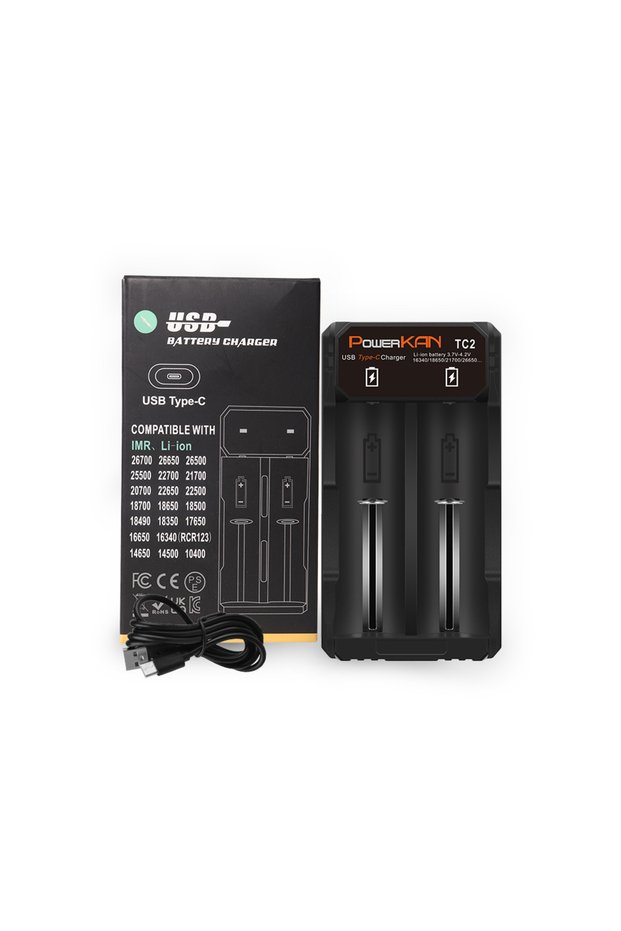black POWERKAN Battery Charger, Type-C USB Input, for 3.7V Li-ion Batteries Compatible with 26650163