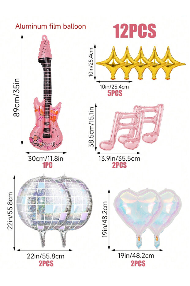 Other 12pcs Musical party balloon with disco 4D ball, love heart, note, star shape, suitable for mus