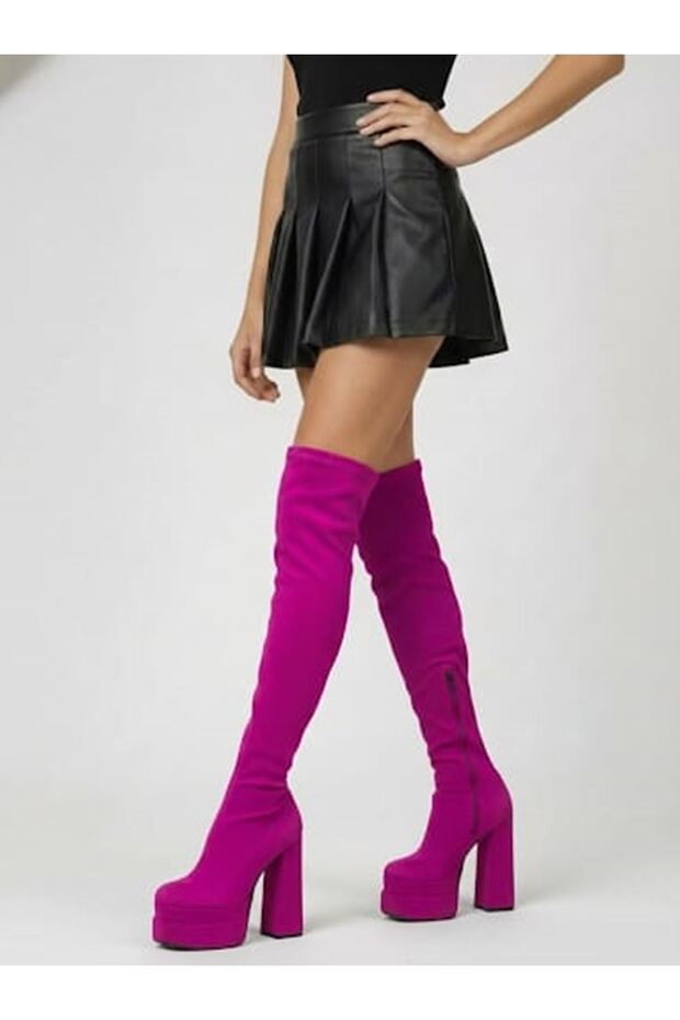 Purple Parachute Fabric Women's Double Platform High Heel Over-The-Knee Stretch Boots