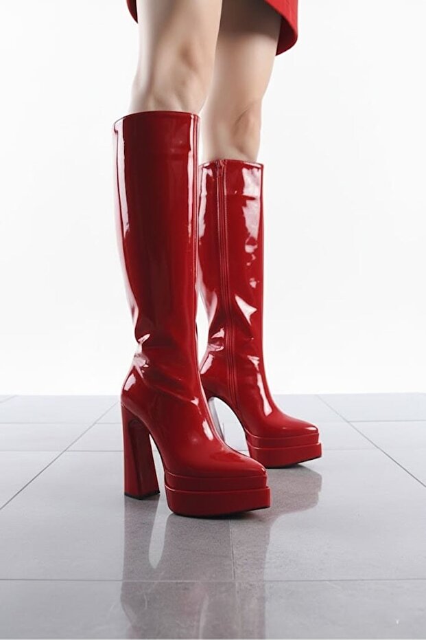 Red Patent Leather Women's Double Platform High Heel Boots