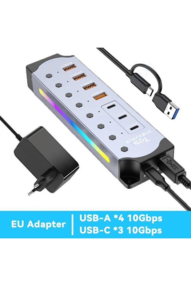 موزع USB مزود بمحول قابس أوروبي، مصنوع من الألومنيوم، يدعم سرعة نقل بيانات تصل إلى 10 جيجابت في الثانية، منفذ USB-A ومنفذ USB-C 3.2، 7 منافذ USB-C، زر تشغيل/إيقاف فردي.
