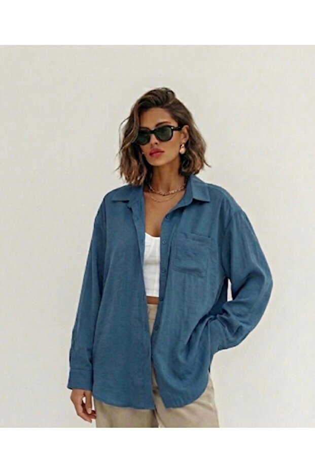 Mavi Oversize Casual Gömlek - 3