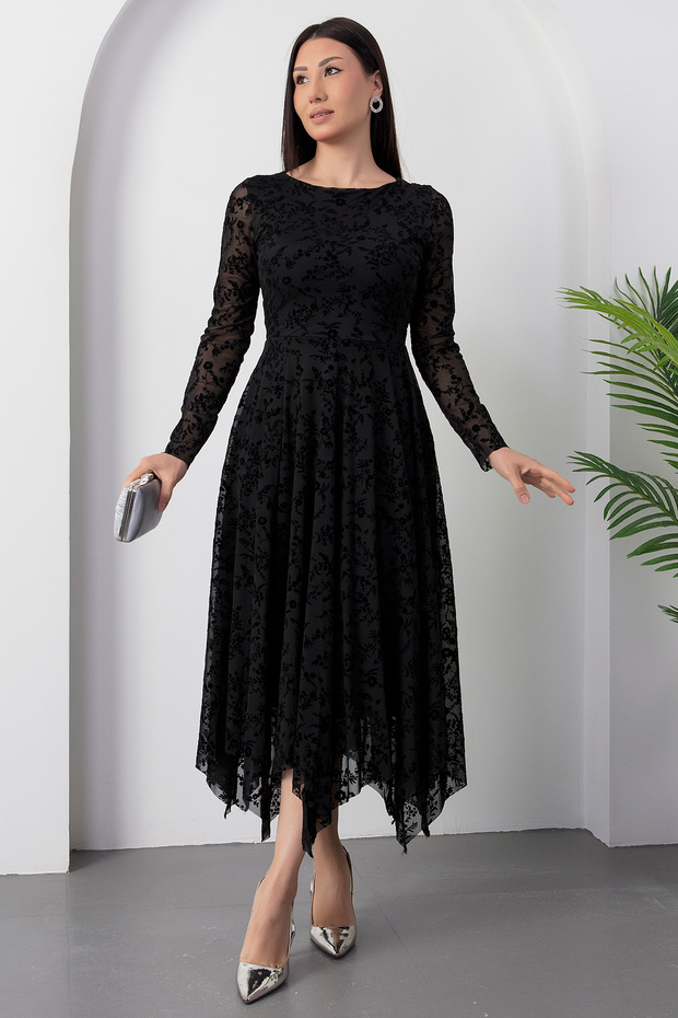 Kayık Yaka Flok Baskılı Elbise DKS1387 - 1