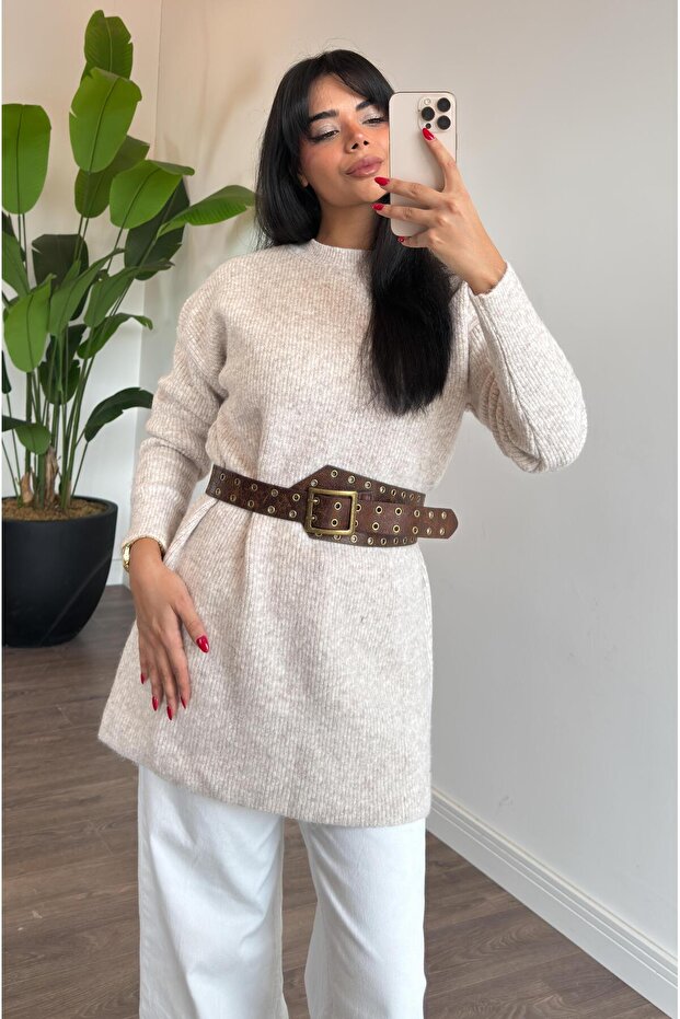 Oslo Simit Yaka Basic Tunik - Bej - 3
