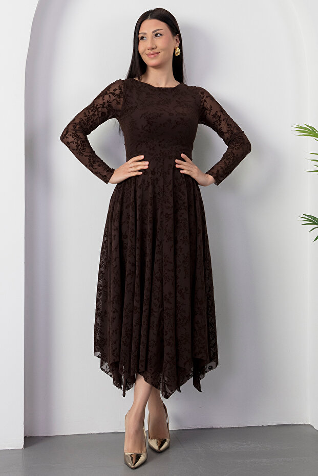 Kayık Yaka Flok Baskılı Elbise DKS1387 - 5