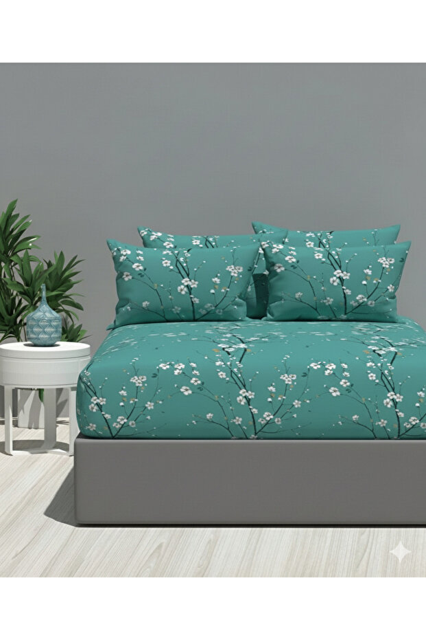 Water Green Branch Pattern Battal Fitted Sheet Set (180X200) + 2 Pillowcases