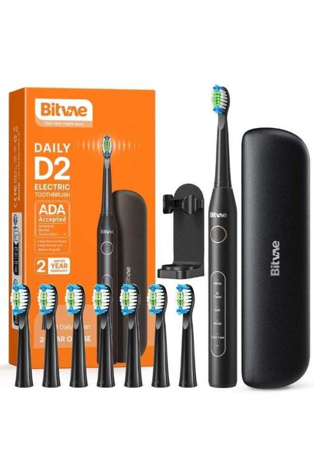 D2 Sonic Electric Toothbrush, 5 Modes, 8 Heads, Travel Case (Black)