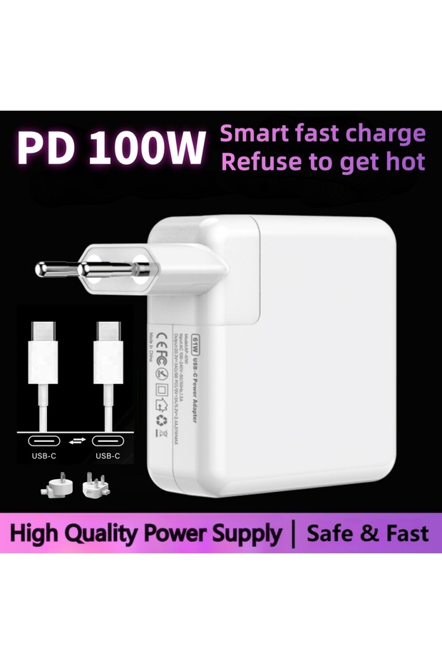 شاحن ماك بوك برو PD-100W - قابس أوروبي، شاحن USB-C بقوة 100 واط، شحن سريع لأجهزة ماك بوك برو/ماك بوك إير