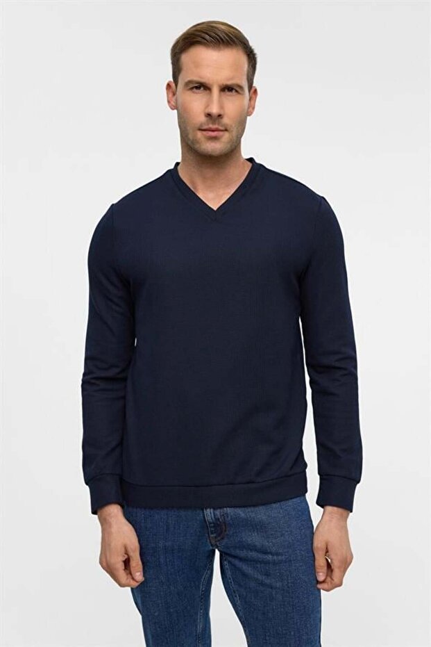 Lacivert Regular Armürlü V Yaka Triko - 1