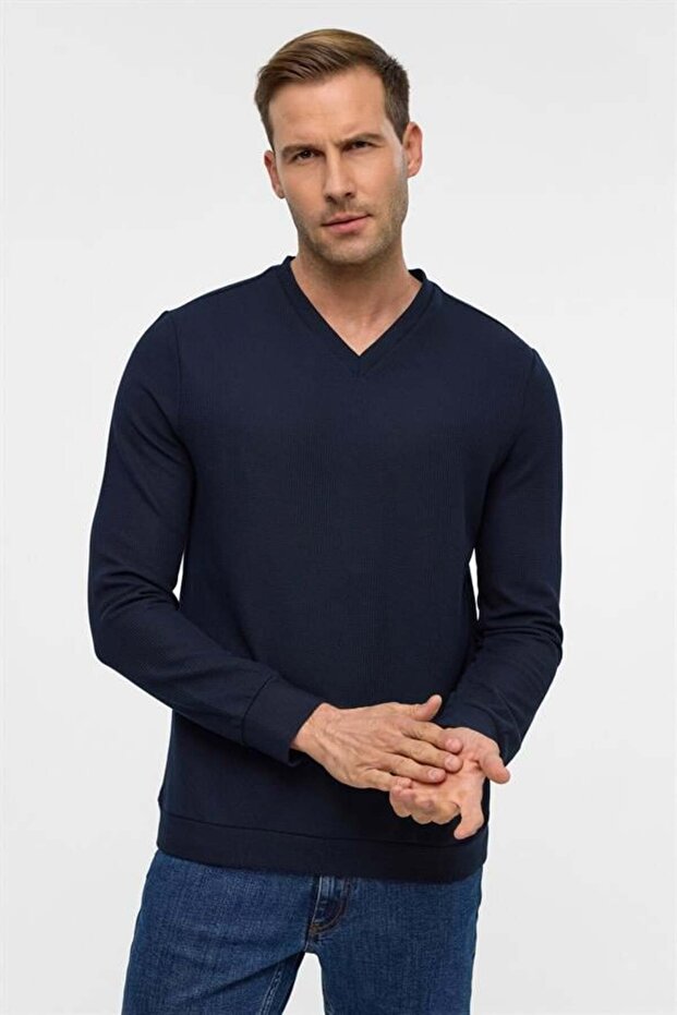 Lacivert Regular Armürlü V Yaka Triko - 2