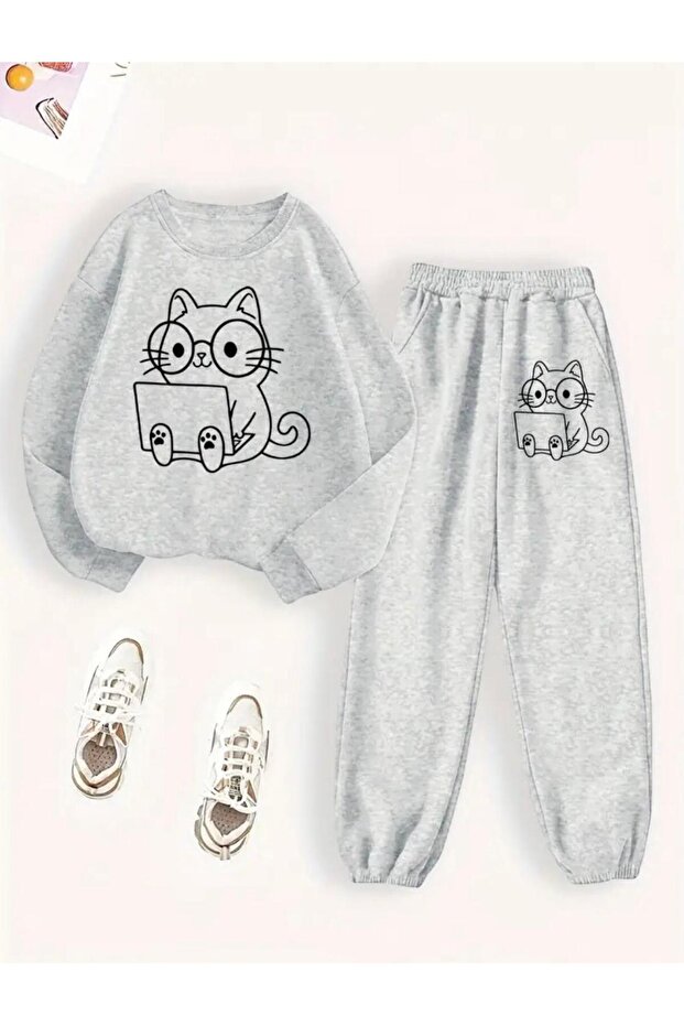 Women's Bottom Top Cat Printed Tracksuit 2-Piece Set