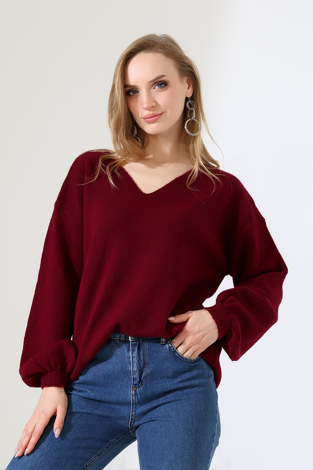 Women's Burgundy V-Neck Casual Oversized Soft Knitwear Sweater