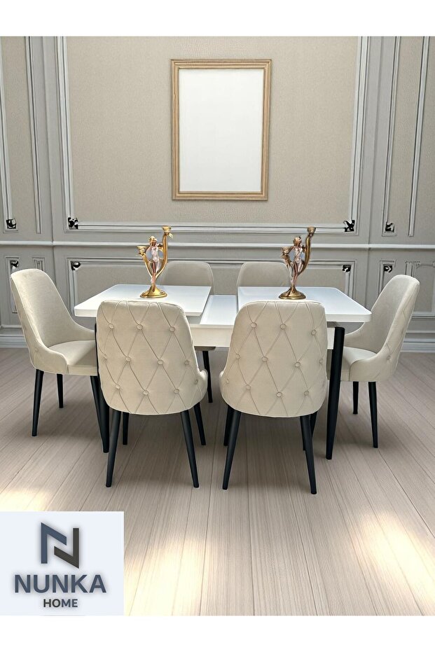 NUNKA HOME Şato Serisi Mutfak ve Salon Yemek Masası Takımı +6 Sandalyeli Krem Modern ve Şık Tasarım