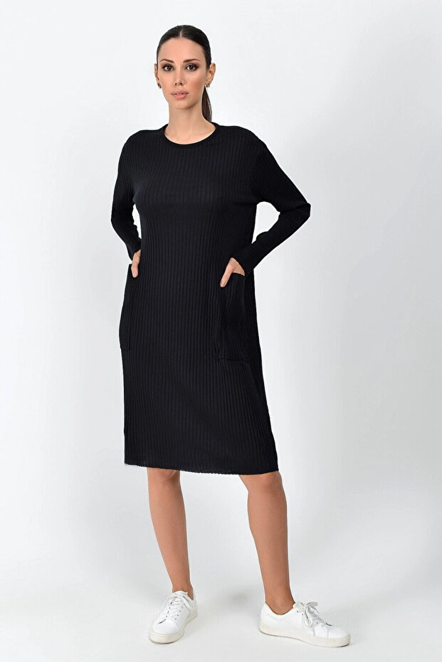 Thick Corded Fabric Ribbed Knit Pocket Long Tunic Dress