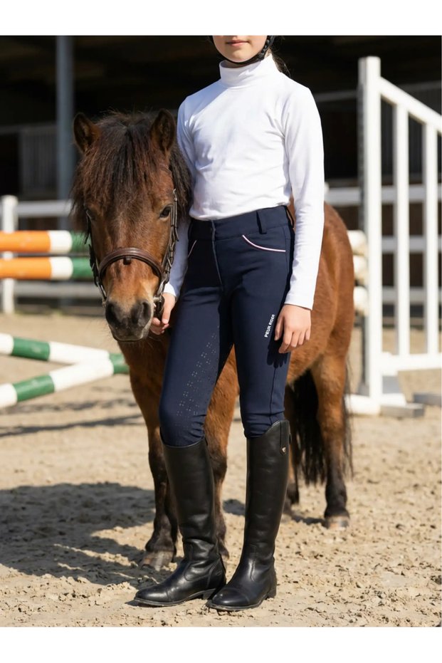 Girl's Navy Blue Stripe Detail Riding Pants Waterproof Stain Resistant Flexible Equestrian Leggings