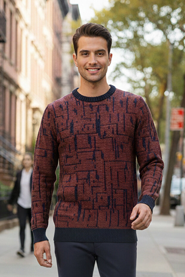 Men's Crew Neck Patterned Soft Sweater - 3