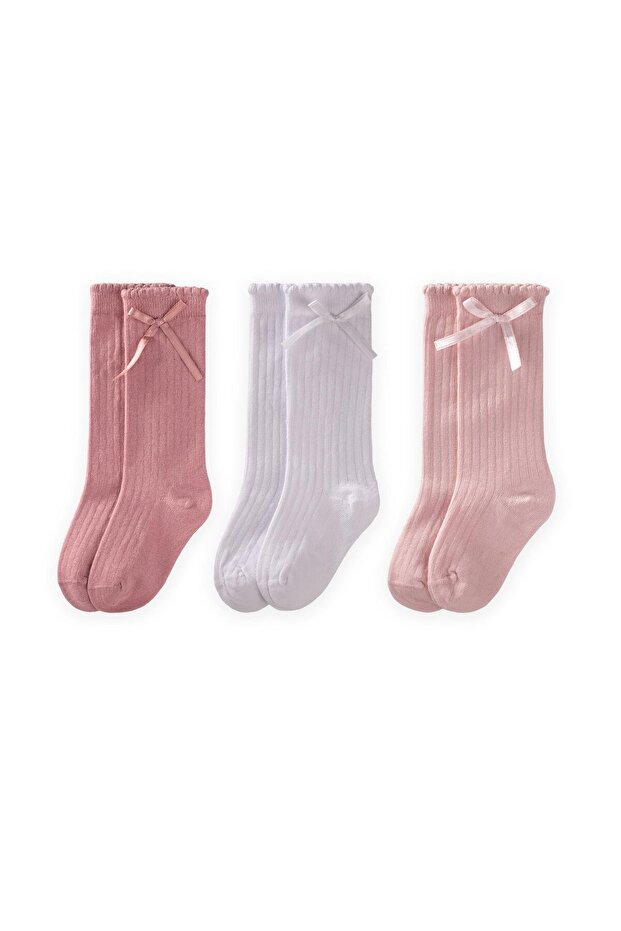Triple Fiyoklu Socks 3-10 Years Old White, Powder, Dusty Rose